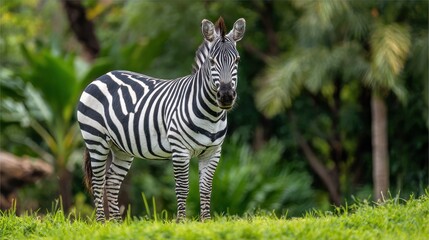 Striking plains zebra stands tall against lush green foliage, in a natural, vivid outdoor setting