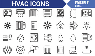 Collection of HVAC system icons for air conditioning, heating, and ventilation