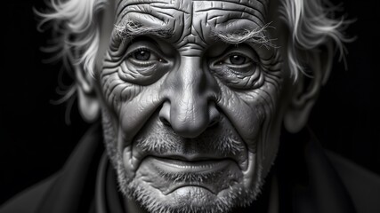 An intricate black and white portrait of an elderly man with deep wrinkles, highlighting character and emotion through shadows and contrast.  


