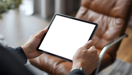 Person holding tablet with blank screen, relaxing in comfortable chair.