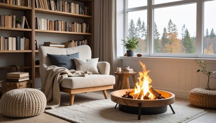 Cozy reading nook with fireplace and window overlooking a peaceful landscape scene
