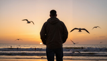 Veteran reflecting at sunrise on beach, honoring sacrifice
