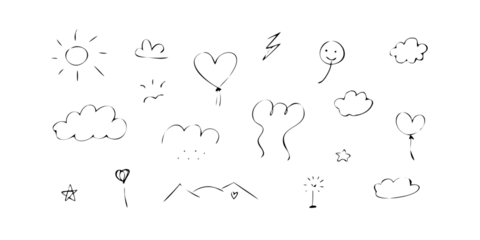 Collection of hand drawn outline floral elements isolated on transparent background