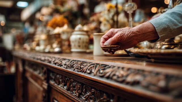 Medium shot of a person inspecting carved details on an antique sideboard the delicate craftsmanship crisp against a blurred backdrop of various vintage items.