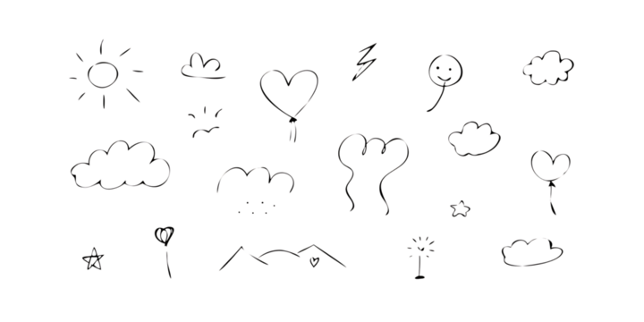 Collection of hand drawn outline floral elements isolated on transparent background