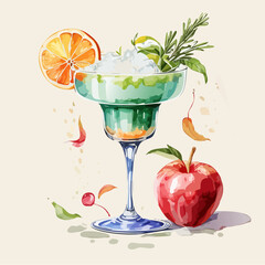 Green Halloween Margarita with Spider Garnish and Fresh Fruit Decoration Vector
