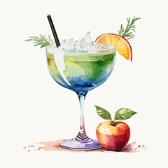 Colorful Blue and Green Cocktail with Ice Cubes, Citrus Slice, and Fresh Apples Vector