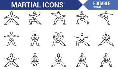 Vector set of martial arts icons with athletes, performance, and practice moves