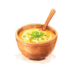 Watercolor art of hearty vegetable soup in wooden bowl with parsley garnish