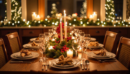 Elegant holiday table setting with candles in cozy dining room, Christmas spirit