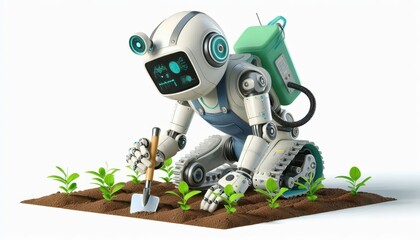 Robot gardener cultivating plants indoor garden digital art futuristic environment close-up view eco-friendly technology