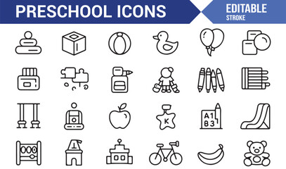 Preschool and kindergarten icon collection for study, fun, and early education