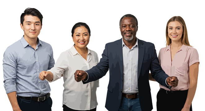 Diverse group of professionals fist bumping in unity and teamwork