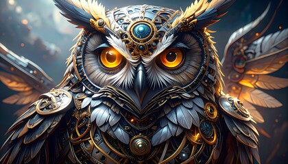 Futuristic robotic owl designed with glowing eyes and intricate metallic details high resolution Photo
