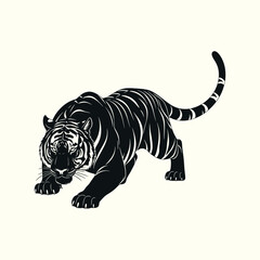 Fototapeta premium Stylized graphic illustration of a powerful tiger in a crouching, stalking pose. Monochromatic black and white vector art of a wild predator