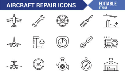 Aviation workshop icon set with aircraft, radar, propeller, and technical tools