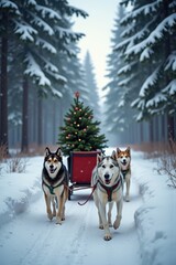 A dog sled team pulls a sleigh carrying a Christmas tree through a snowy forest. The scene is peaceful with snow-covered trees and soft winter light