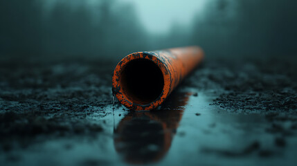 Orange Pipe: A single weathered orange pipe rests on a water-covered surface, reflecting the muted light in a still, moody landscape.