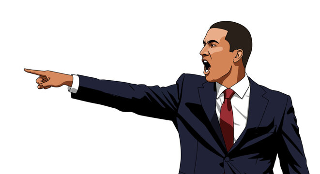 Dynamic businessman pointing assertively in dramatic gesture