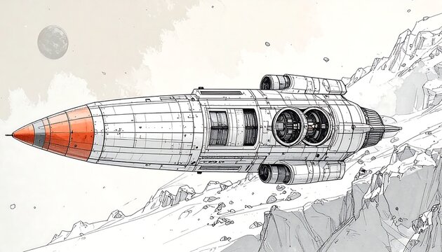 Retro rocket flying by a rugged, mountainous landscape, with a moon visible in the background - Powered by Adobe