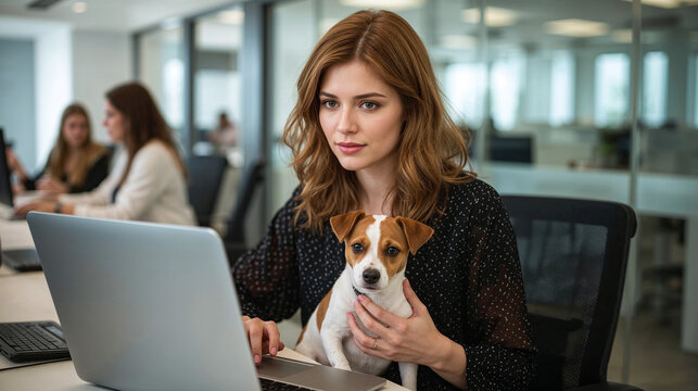 Reddish-blonde woman in black polka dot blouse sits at modern office desk with small Jack Russell Terrier on lap, looking at laptop coworkers blurred in background, cozy pet-friendly workspace