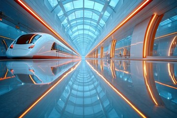 Futuristic train station with high-speed train