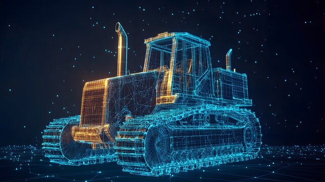 Orange and blue wireframe bulldozer on digital network construction vehicle photo