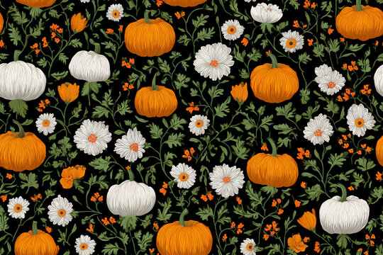Dark autumn seamless pattern with pumpkins and marigold flowers
