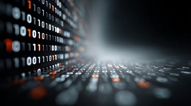 Black and white image of a series of binary numbers. The image is blurry and has a sense of depth