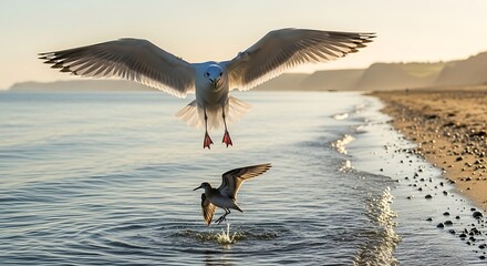 Two seagulls on the beach during a golden sunrise.