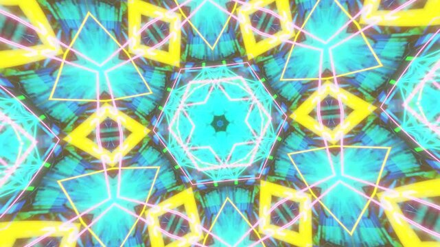 Abstract kaleidoscope mandala neon acid background featuring luminous ornamental hexagonal lines, seamless glowing symmetry evolving in futuristic dynamic animation design.