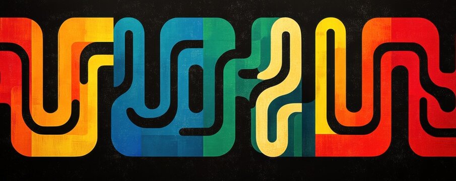 Vibrant abstract maze pattern with bold colors on a black background