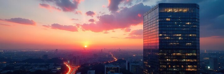 Fototapeta premium Modern Glass Office Building Reflecting Sunset City Lights Sleek Urban Architecture at Dusk, Perfect for Real Estate and Cityscape Projects