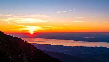 Panoramic sunset over a lake and mountains