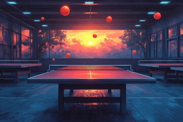 Sunset table tennis game with floating balls in a serene indoor court