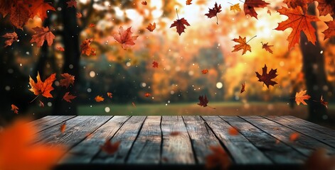 Falling Maple Leaves in Autumn on Table With Trees Background During Daytime