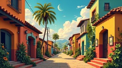 narrow street in the old town . Constitution Day (Brazil, Argentina) sale banner design free space in the center. Mexican muralists style