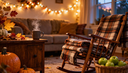 Cozy autumn evening in a living room with hot drink, pumpkins, rocking chair and glowing lights