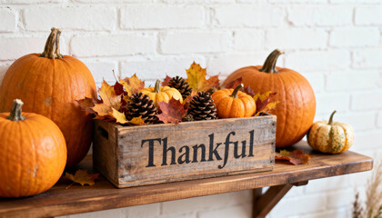 Vibrant autumn decorations featuring pumpkins and colorful leaves on a wooden shelf in a cozy indoor setting