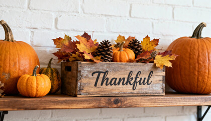 Decorated shelf with pumpkins and autumn leaves, celebrating the fall season and gratitude