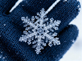 Snowflake rests delicately on a gloved hand in a winter landscape showcasing its intricate details and beauty during snowfall