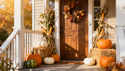 Autumn decorations at a cozy front porch featuring pumpkins and a festive wreath in warm sunlight