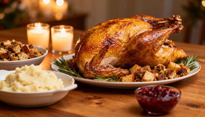 Roasted turkey served with stuffing, mashed potatoes, and cranberry sauce on a festive table