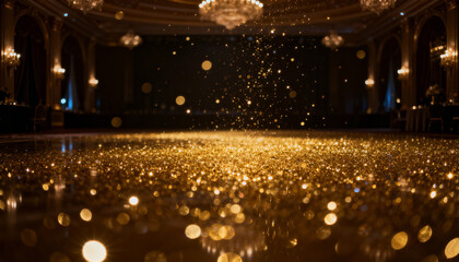 Elegant golden glitter fills the dance floor of a grand ballroom during a festive gala event at night