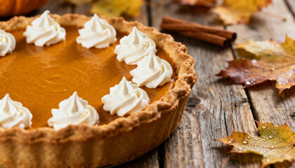 Warm pumpkin pie adorned with whipped cream and autumn leaves on rustic wooden table