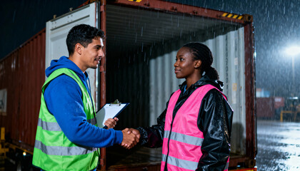 Workers shake hands in rain at a shipping yard during night while managing cargo logistics and operations