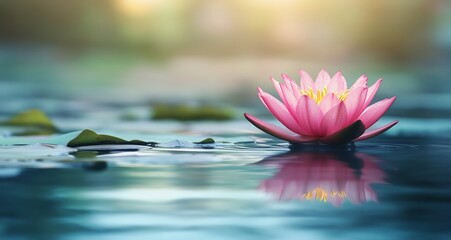 Pink Lotus Floats on Calm Water Surface, Casting Reflection in Tranquil Pond