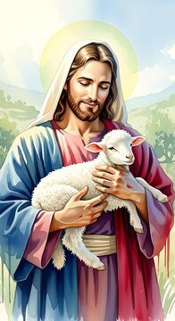 Spiritual depiction of a serene figure cradling a lamb in peaceful harmony with nature