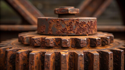 Close up of heavily rusted industrial gears and bolt