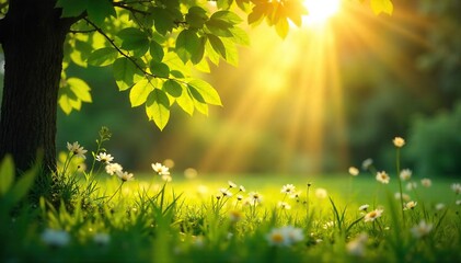 Obraz premium Golden sunlight streams through leaves onto a tranquil garden scene, evoking a feeling of peaceful summer contemplation Perfect for meditation, relaxation, and mindfulness themes , foliage, summer